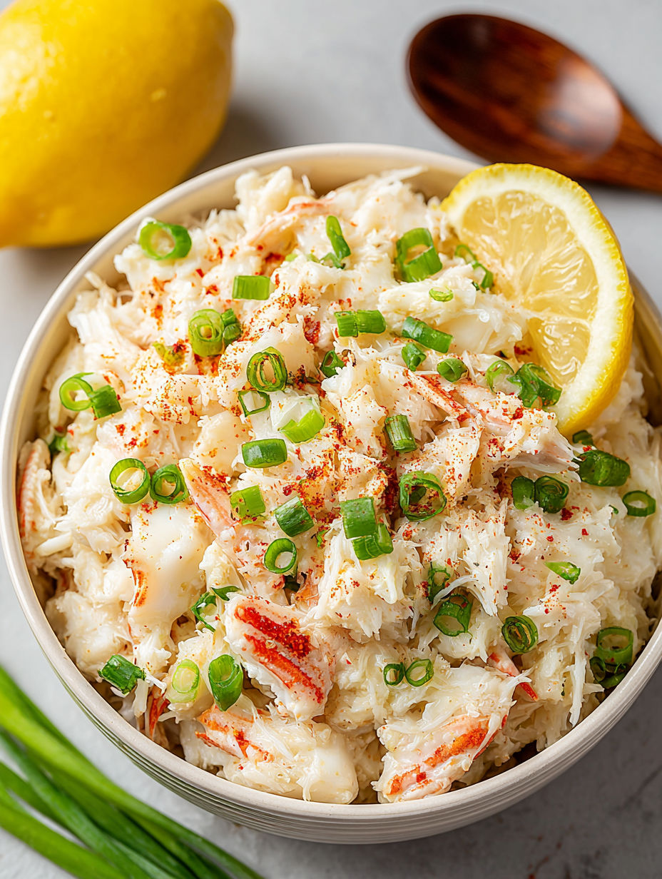 A bowl of crab meat with lemon wedges on top.