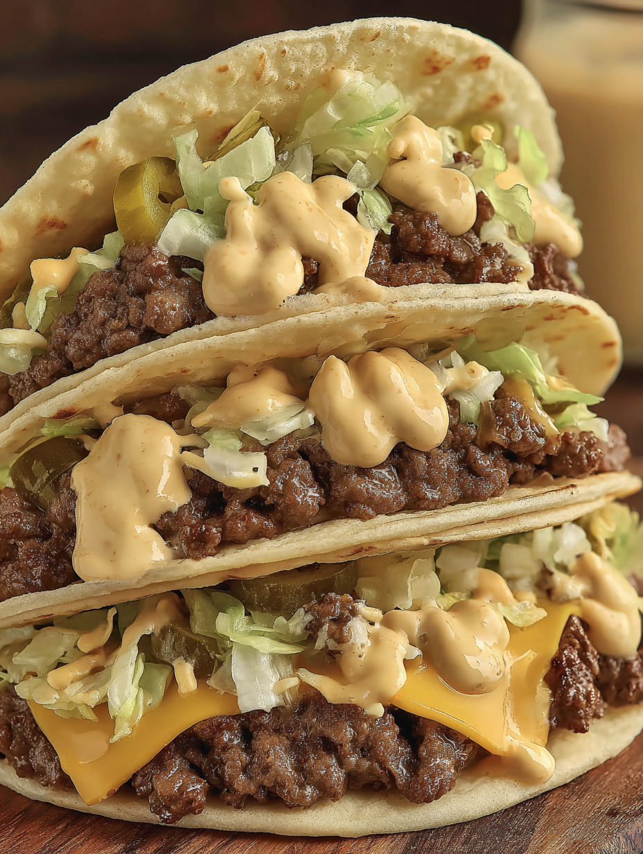 A stack of tacos with a generous amount of sauce.