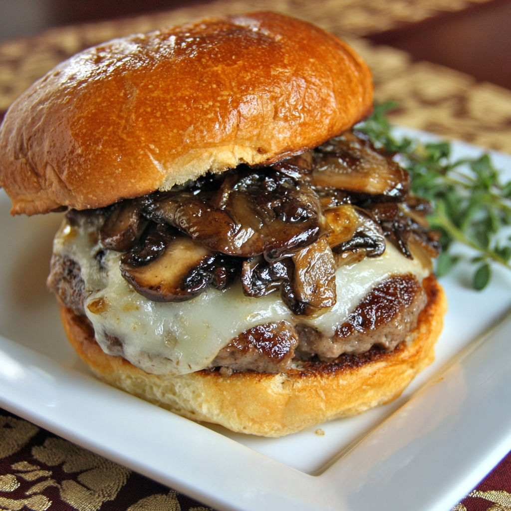 A burger with mushrooms on a bun.