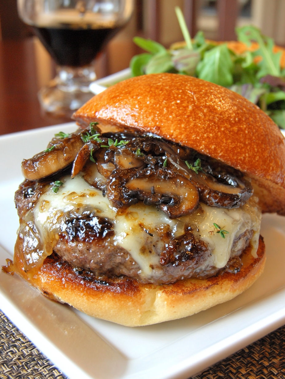 A burger with mushrooms and cheese on a bun.