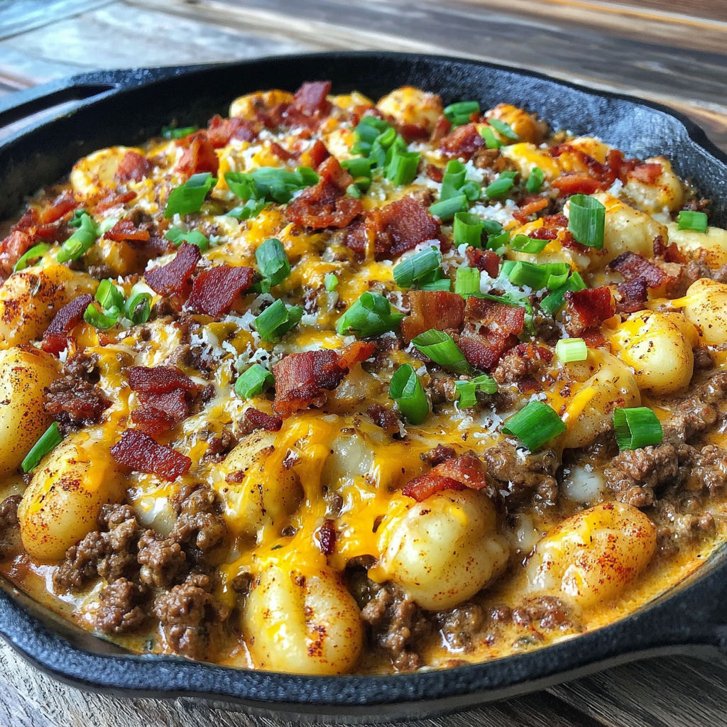A skillet with a cheeseburger and gnocchi.
