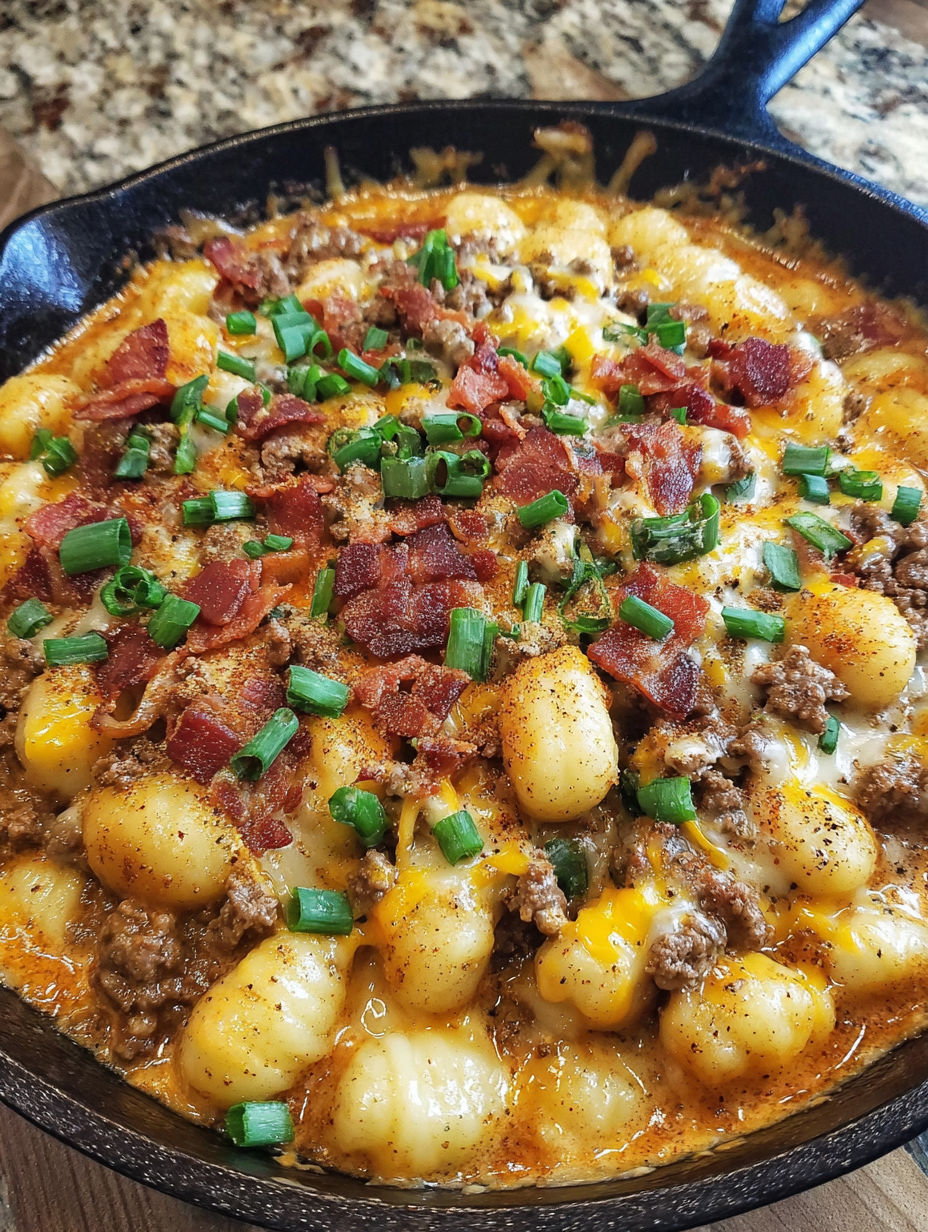 A delicious bacon cheeseburger gnocchi skillet.