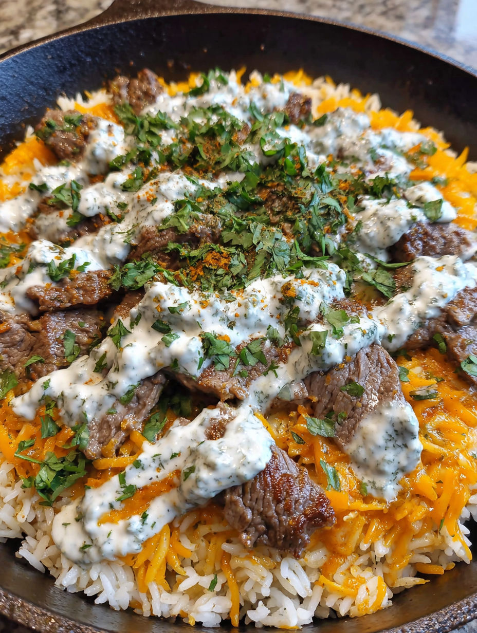 A skillet with steak, cheese, and rice.