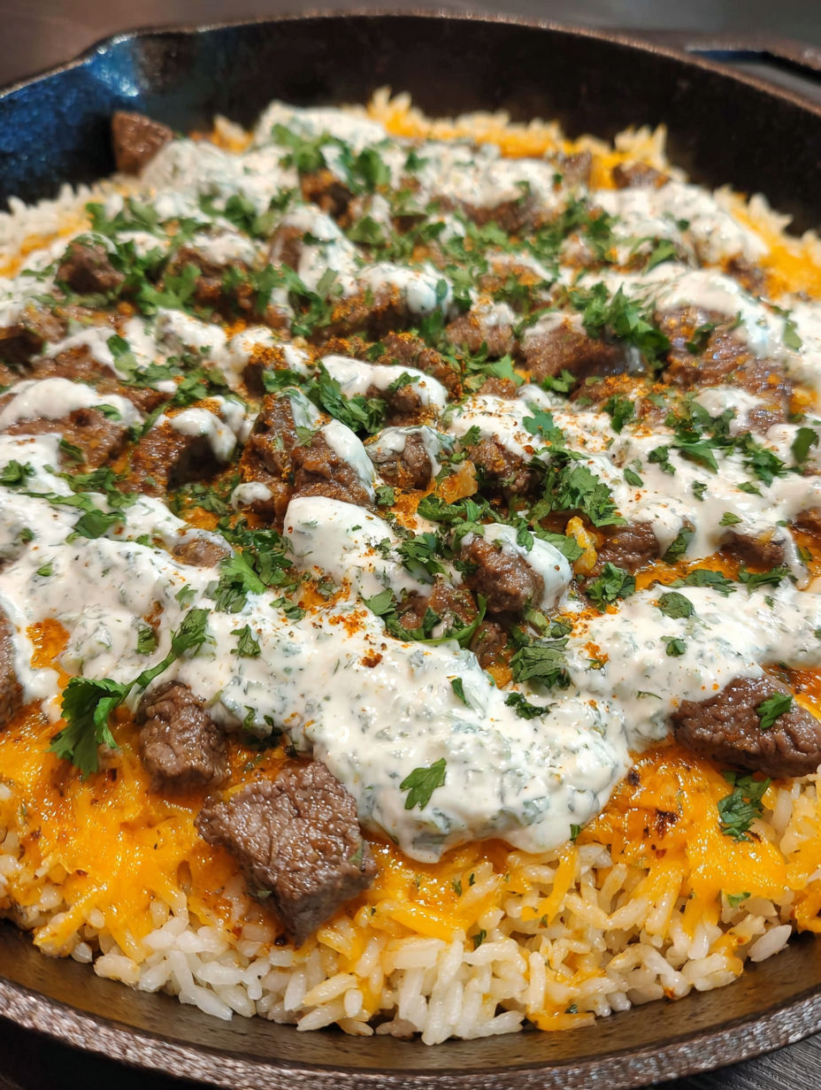 A skillet of steak, cheese, and rice.