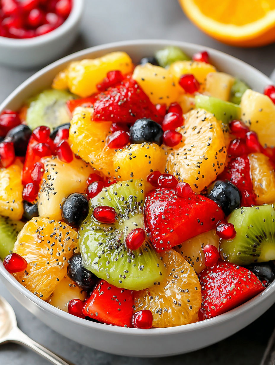 A bowl of fruit salad with a variety of fruits including kiwi, strawberries, and oranges.