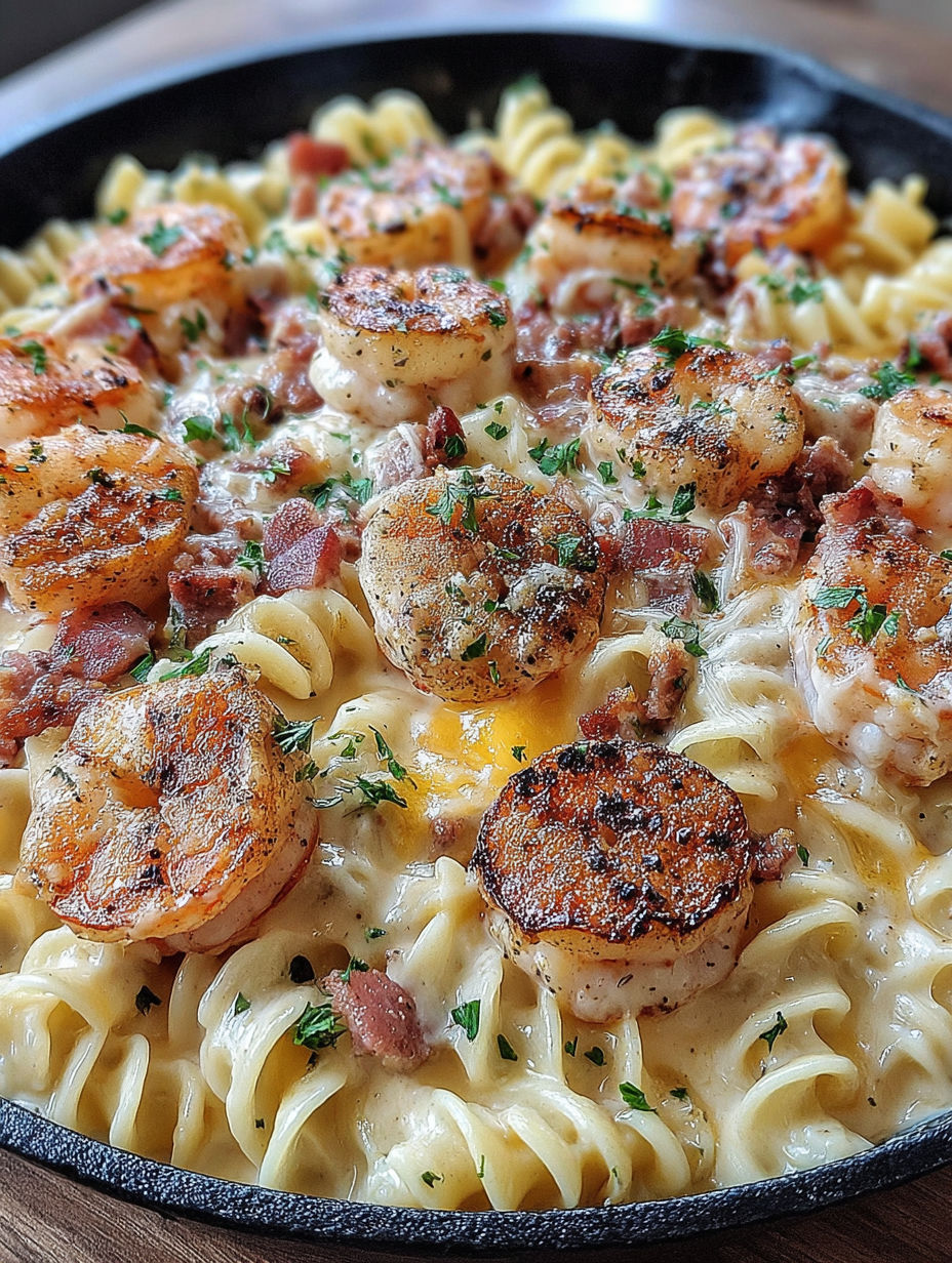 A plate of food with shrimp, sausage, bacon, and cheese.