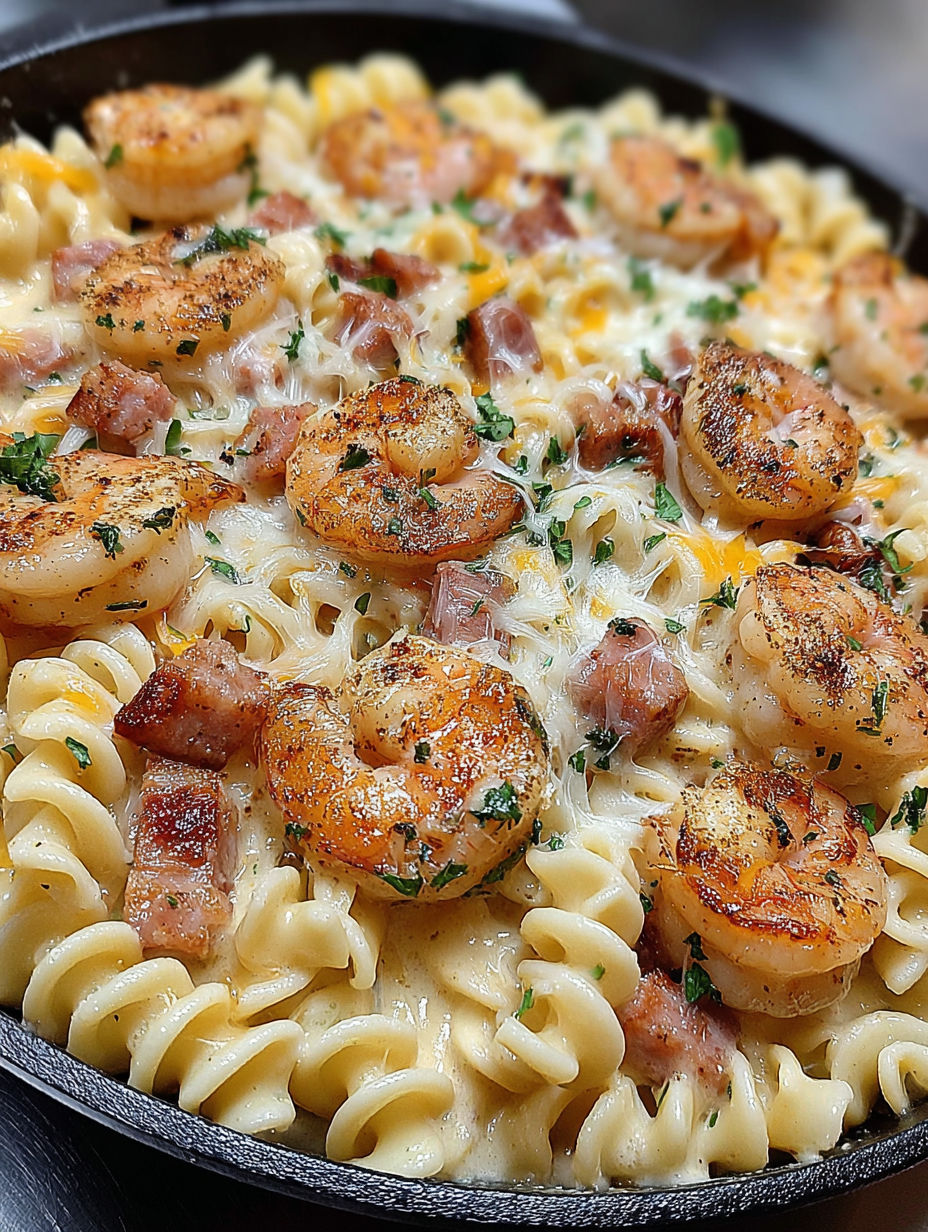 A dish of pasta with shrimp, sausage, and bacon.