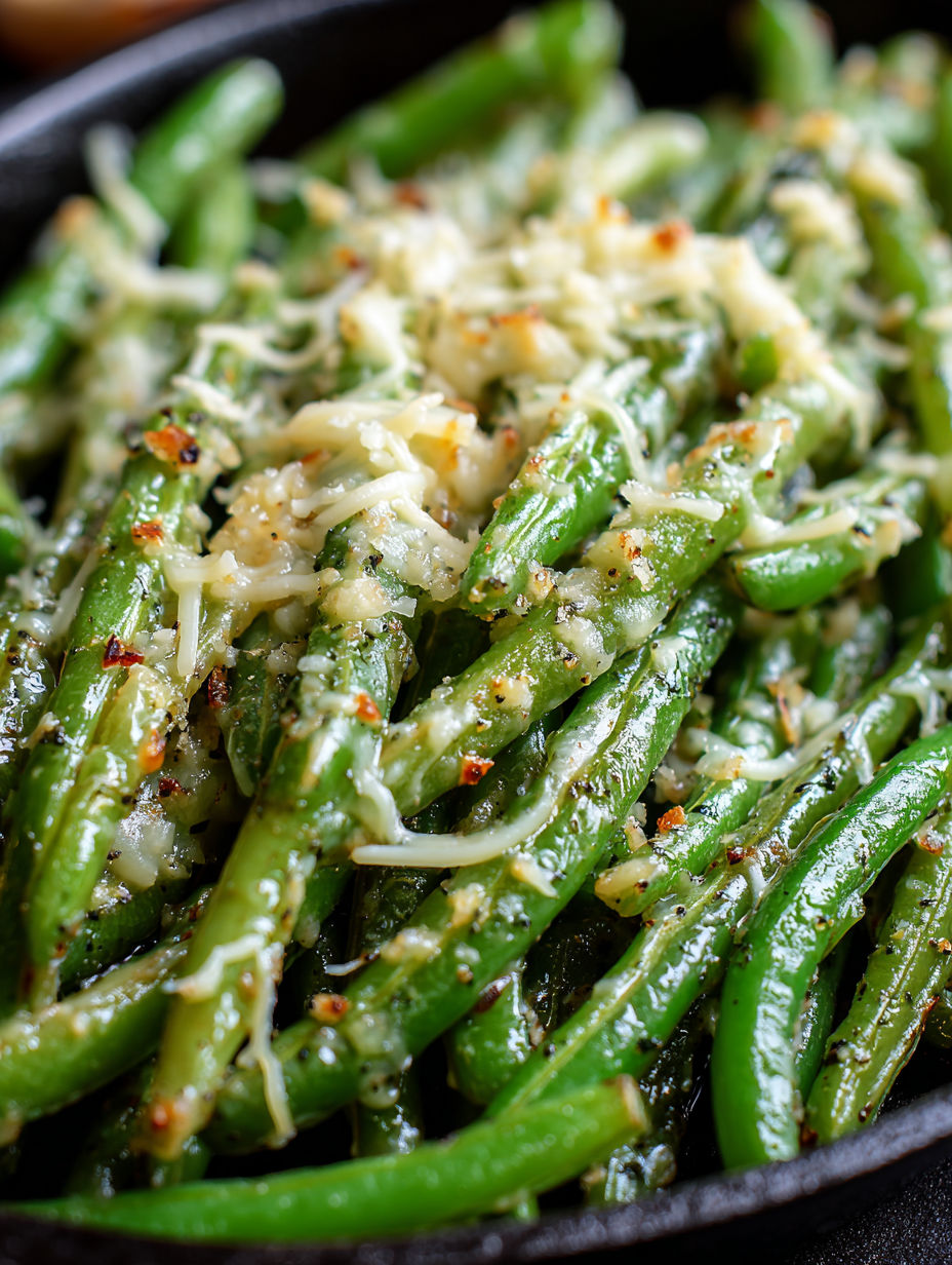 A close up of a dish of garlic beans.