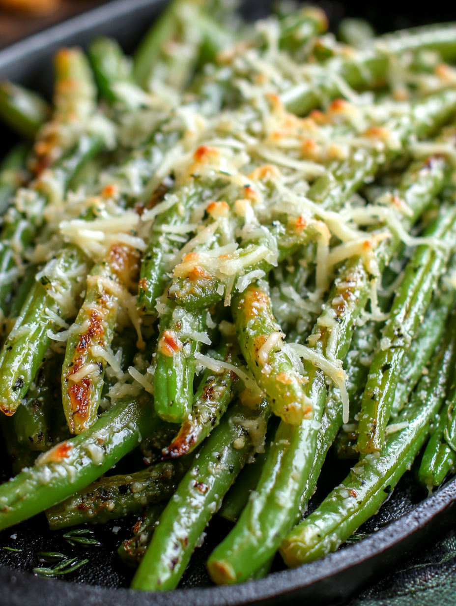 A close up of a delicious dish of garlic beans.
