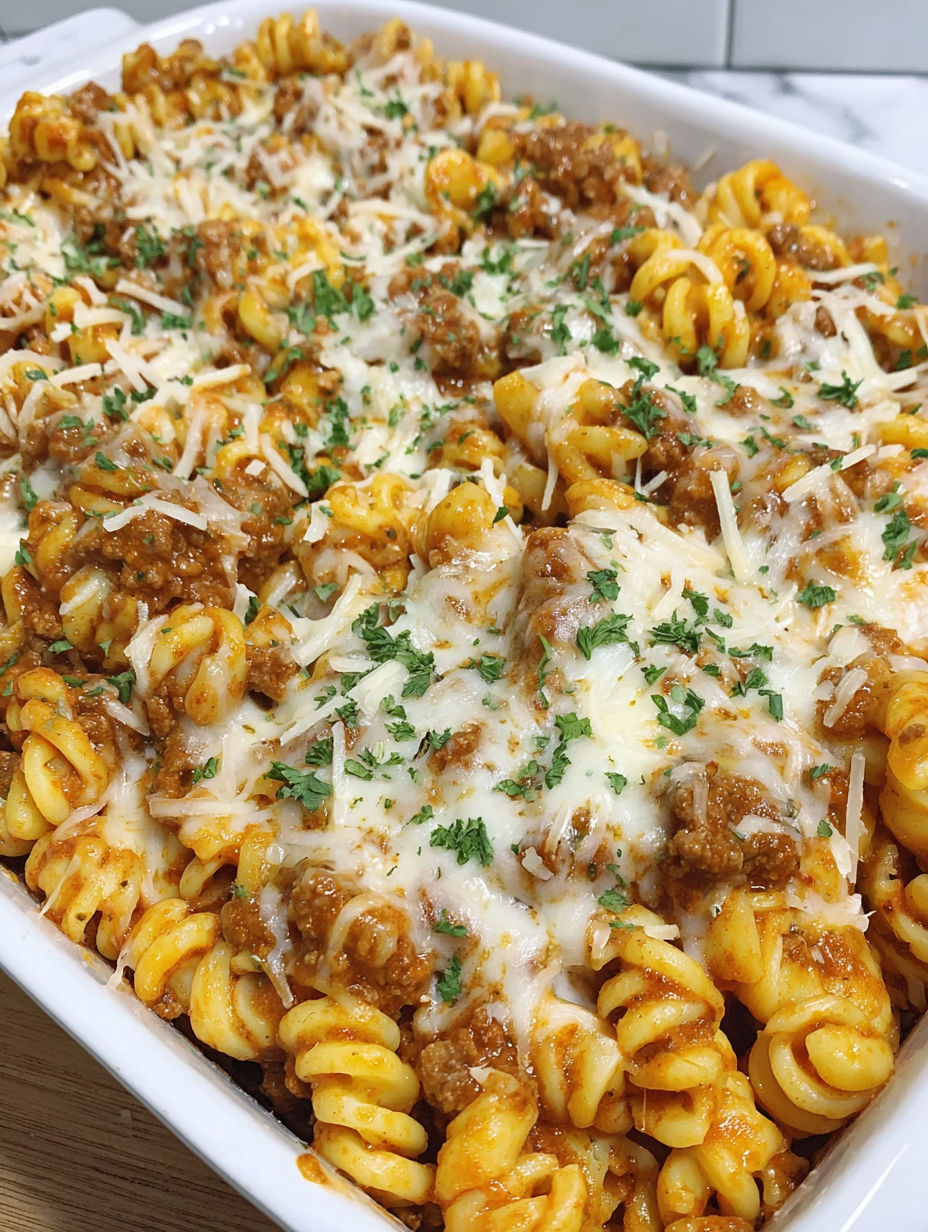 A dish of pasta with meat and cheese.