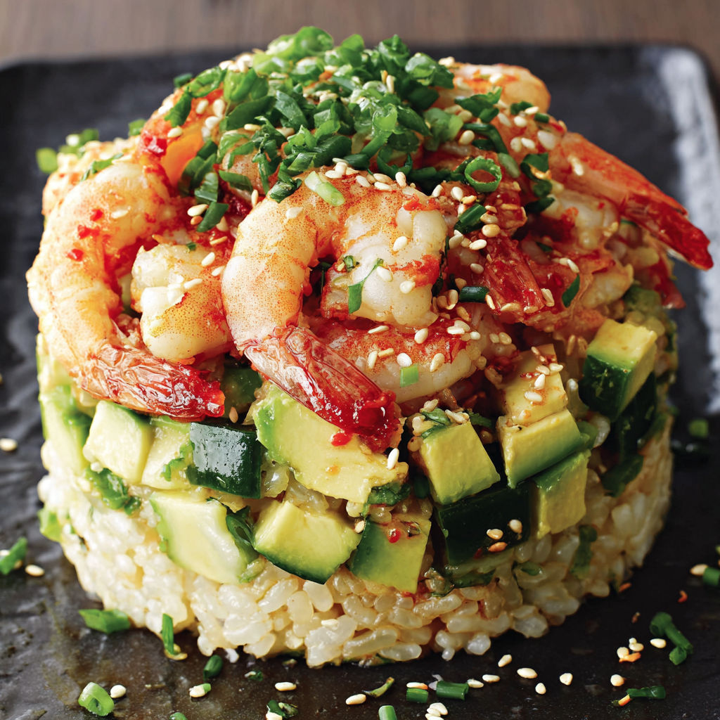 A spicy California shrimp stack on a plate.