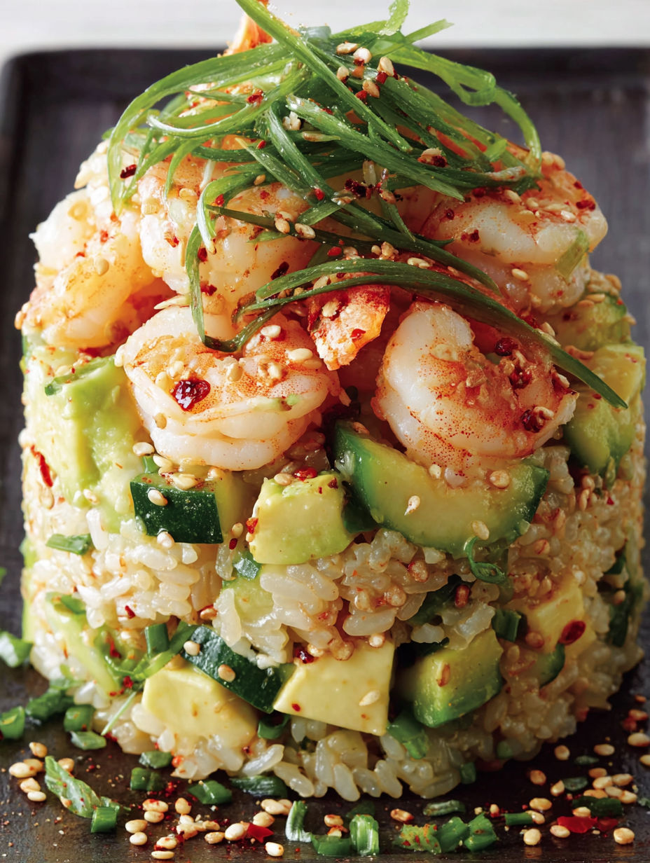 A spicy California shrimp stack with rice, avocado, and cilantro.