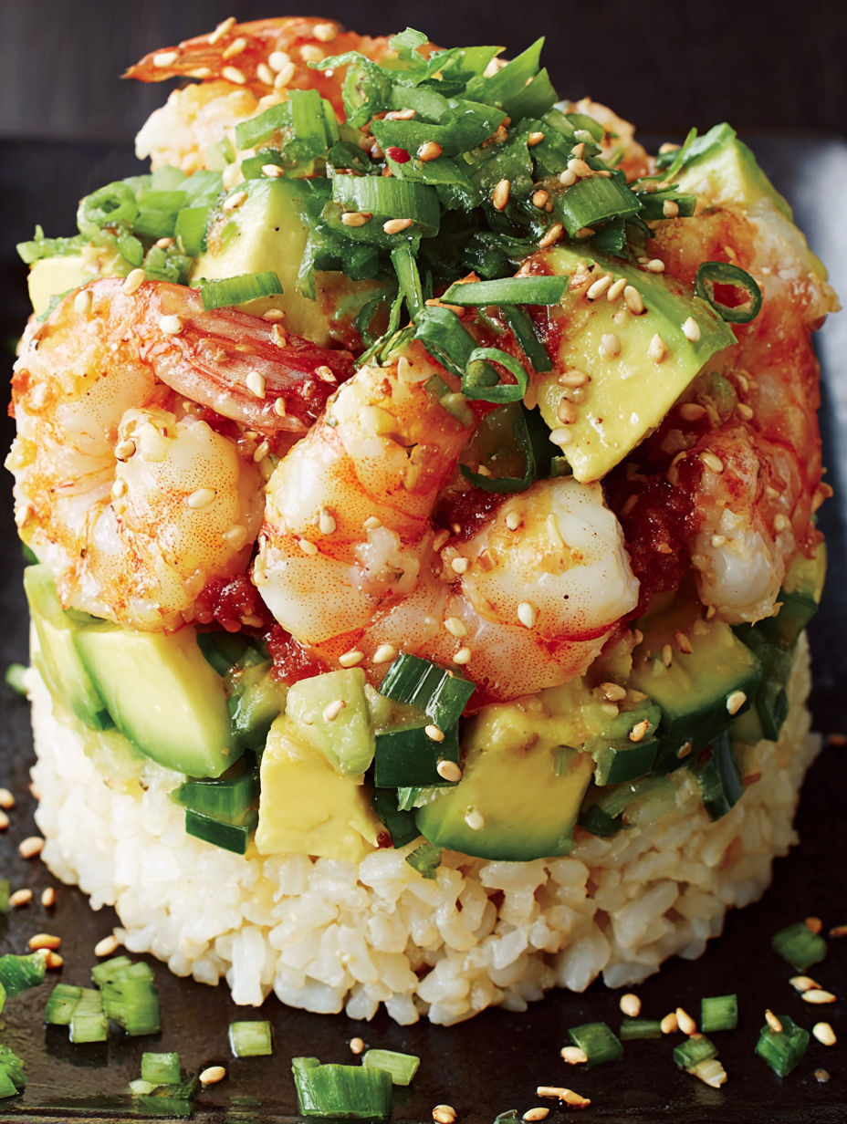 A spicy California shrimp stack with rice and vegetables.