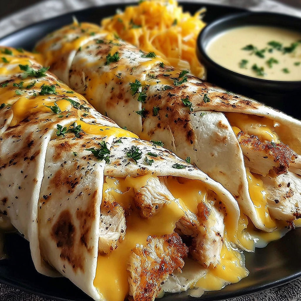 A plate of chicken wraps with cheese and sauce.