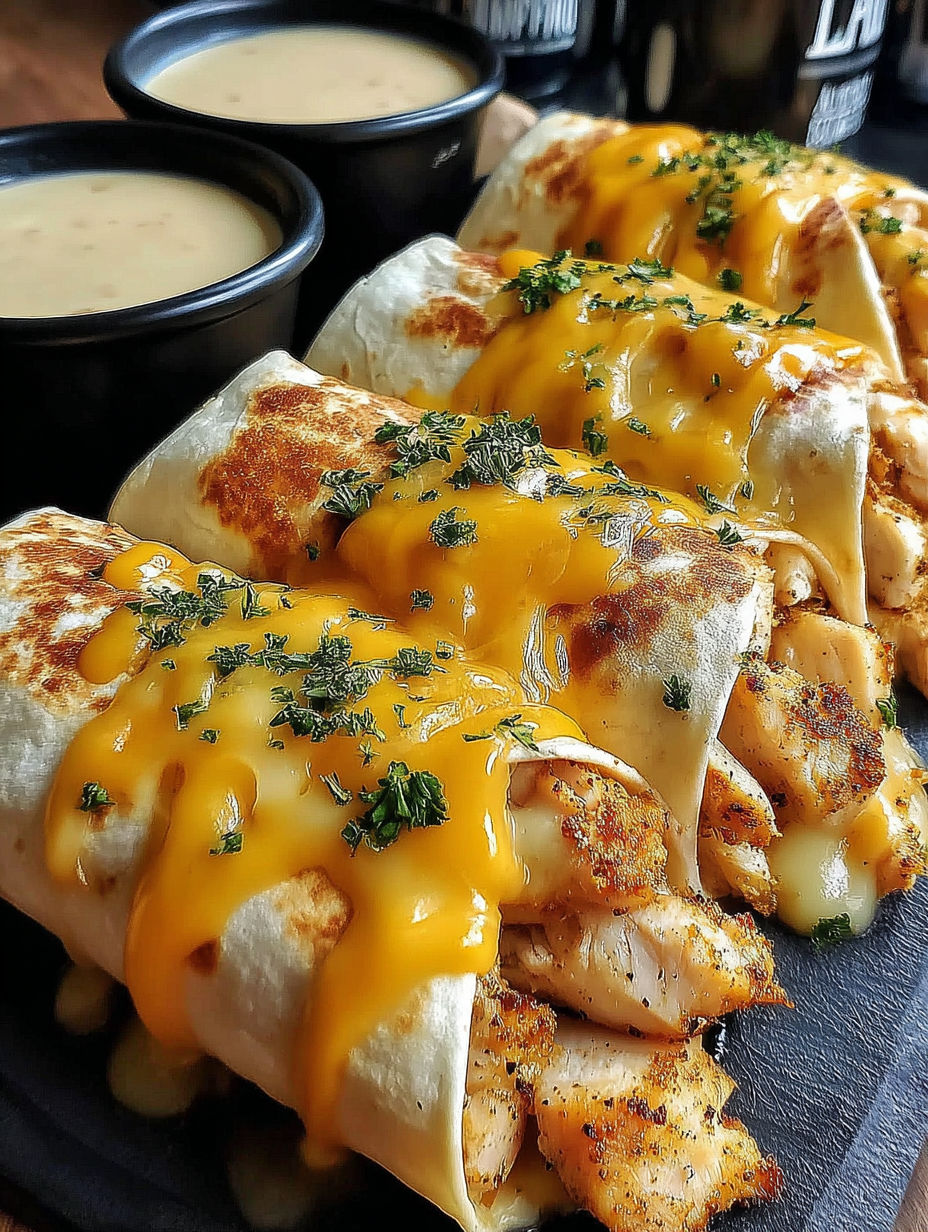 A plate of chicken wraps with cheese and sauce.
