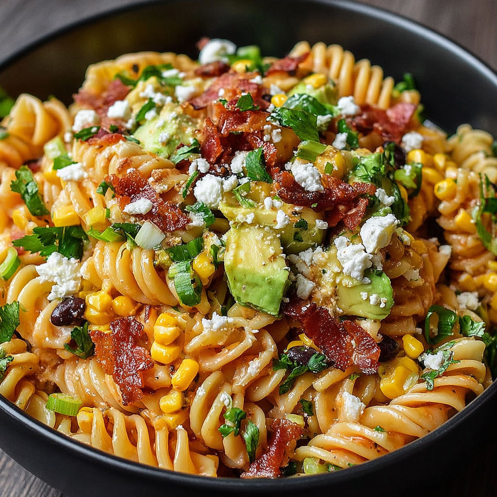 A bowl of Mexican street corn pasta salad.
