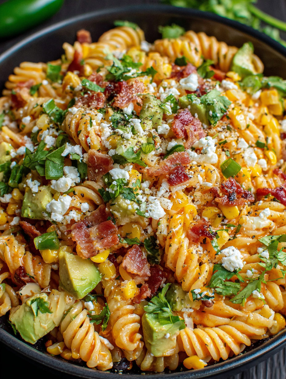 A bowl of Mexican street corn pasta salad.