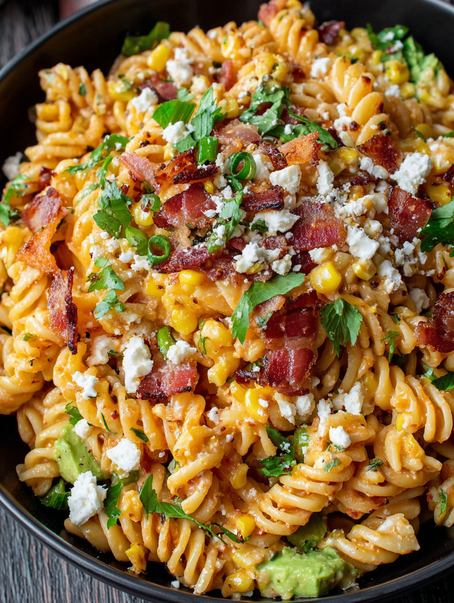 A bowl of Mexican street corn pasta salad.