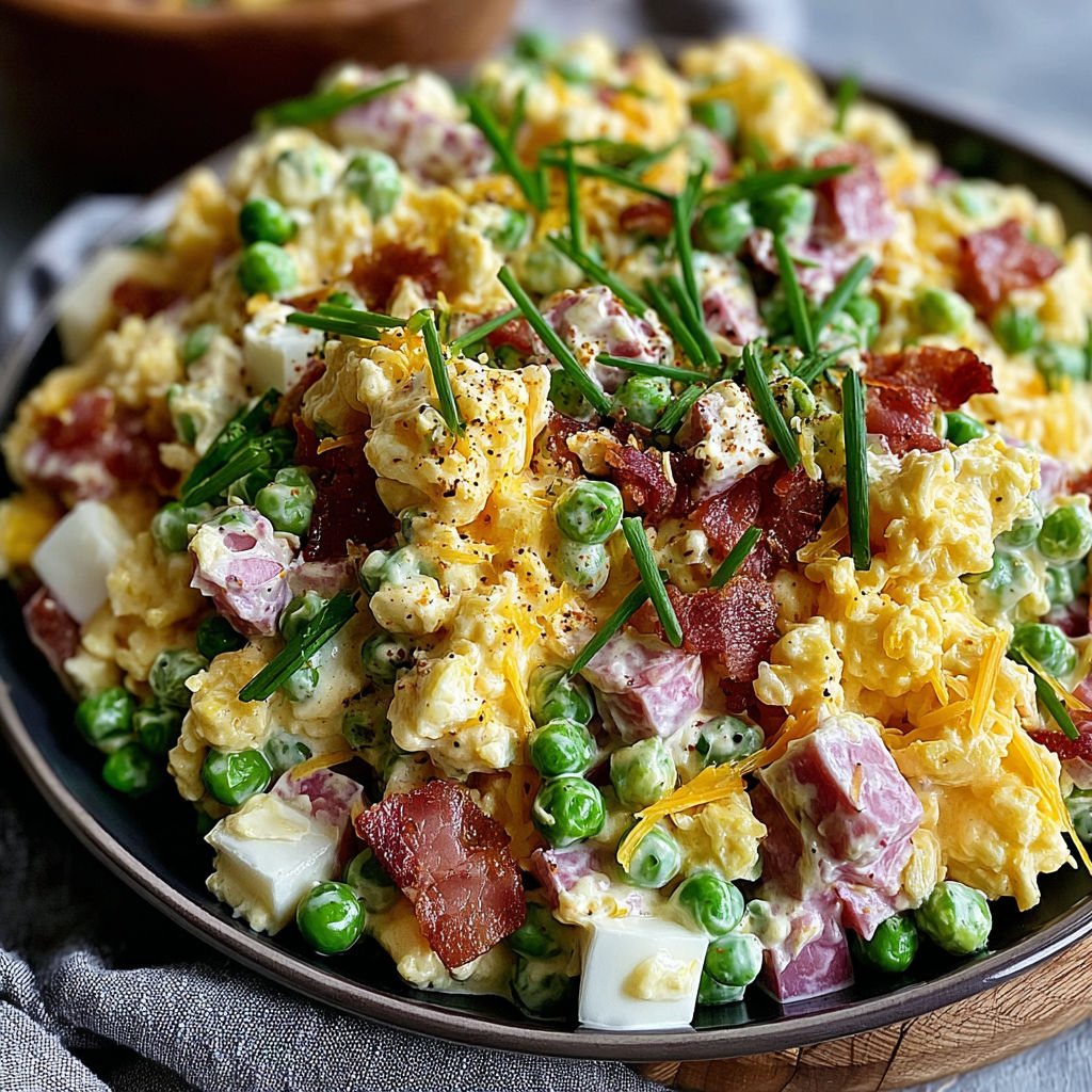 A plate of food with peas and bacon.