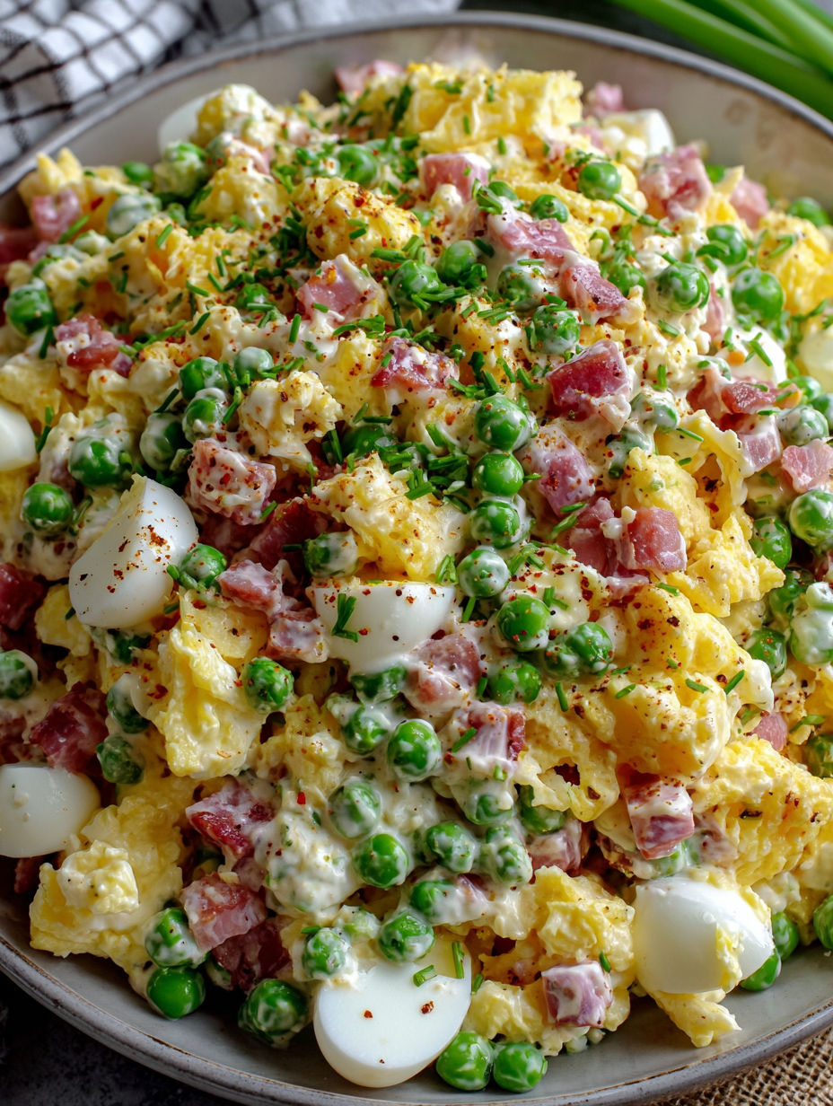 A bowl of pea salad with ham and eggs.