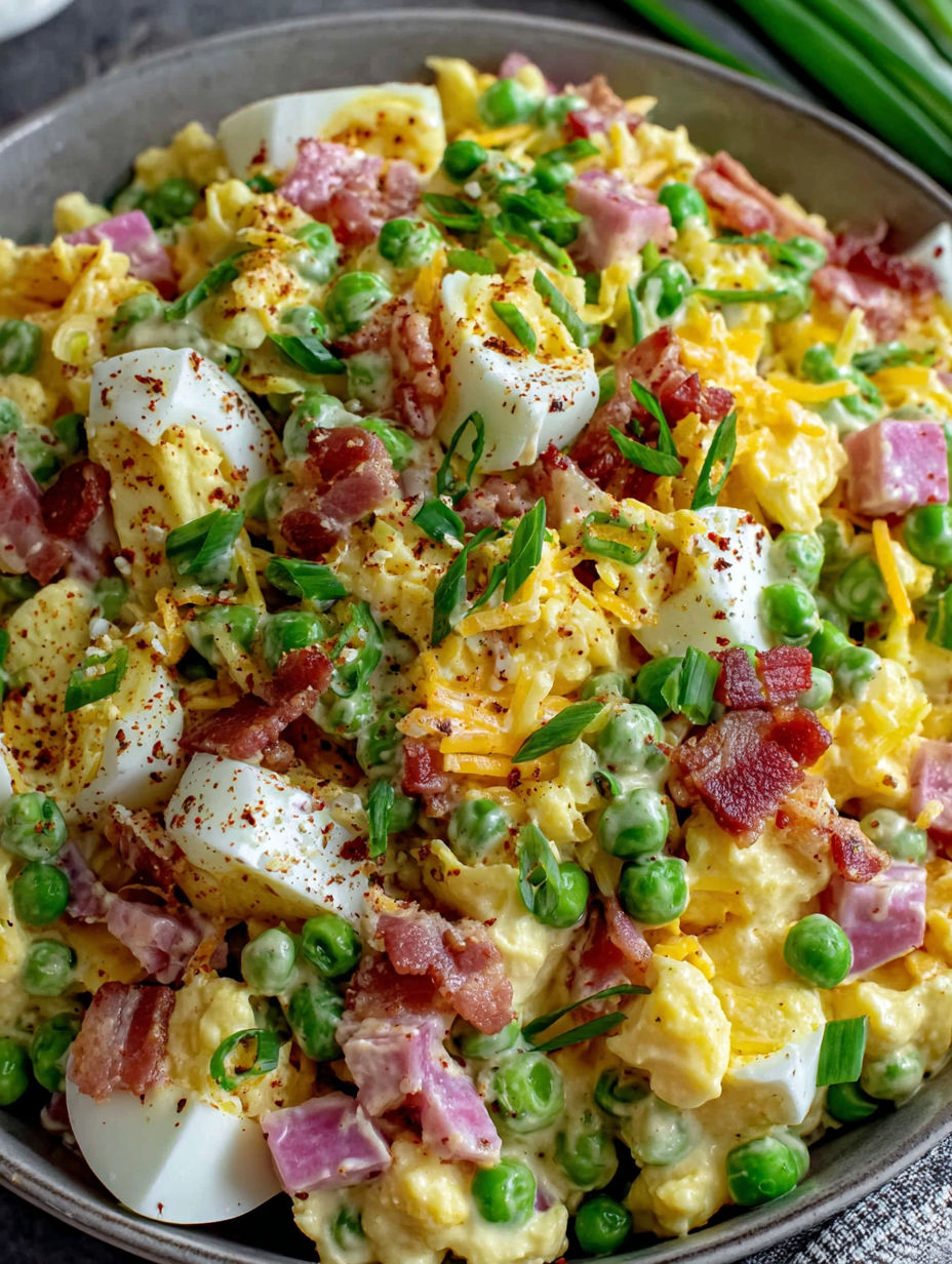 A close up of a delicious looking pea salad.
