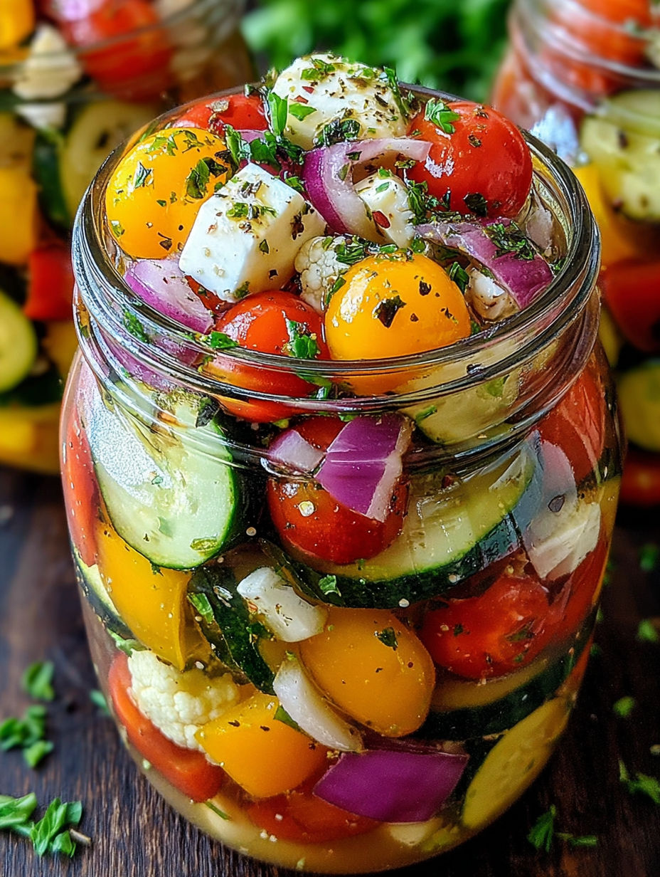 A glass jar filled with pickled vegetables.