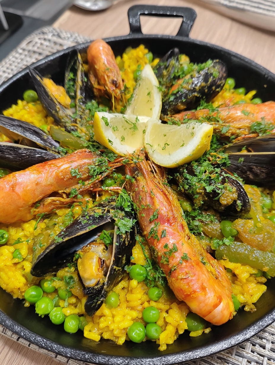 A skillet filled with seafood and rice.