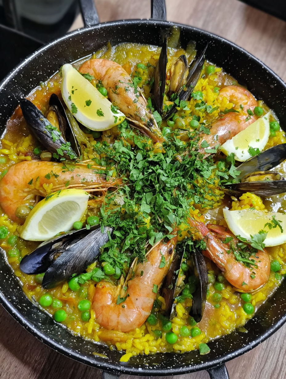 A skillet filled with seafood paella.