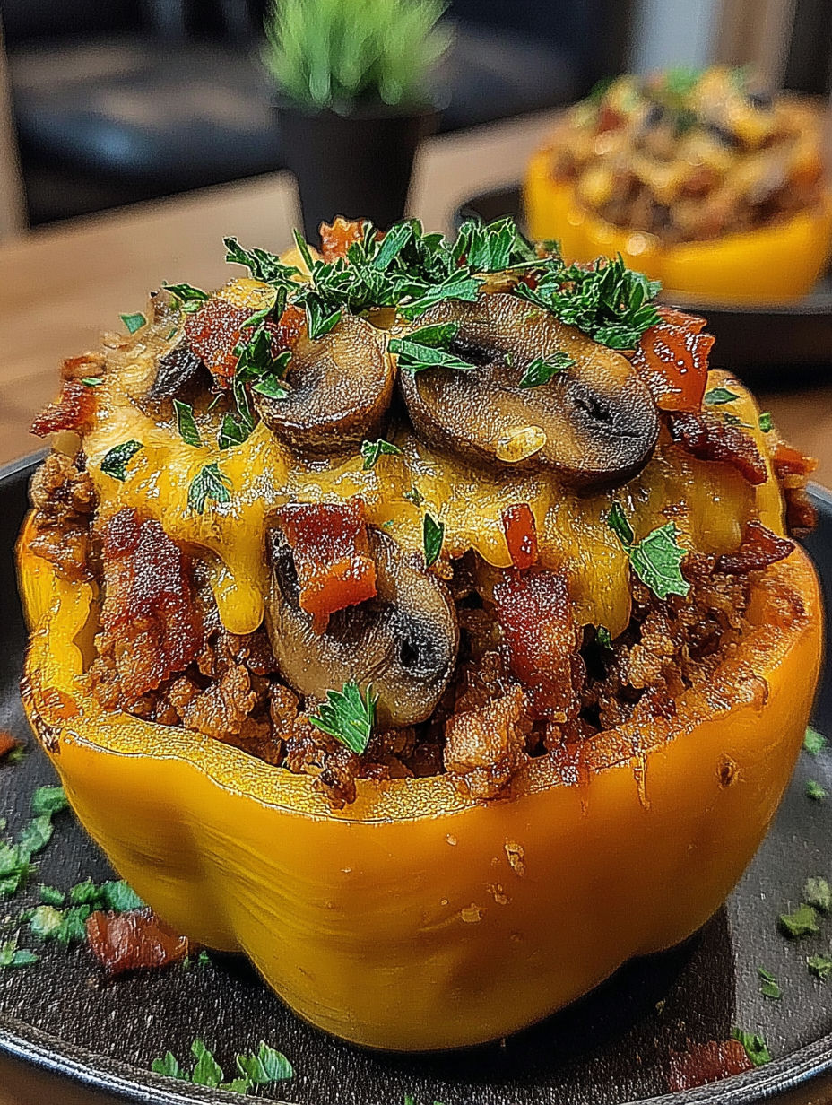 A close up of a mushroom BBQ bacon cheeseburger.