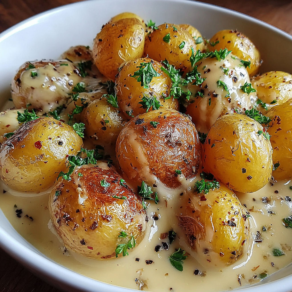A bowl of creamy garlic baby potatoes.