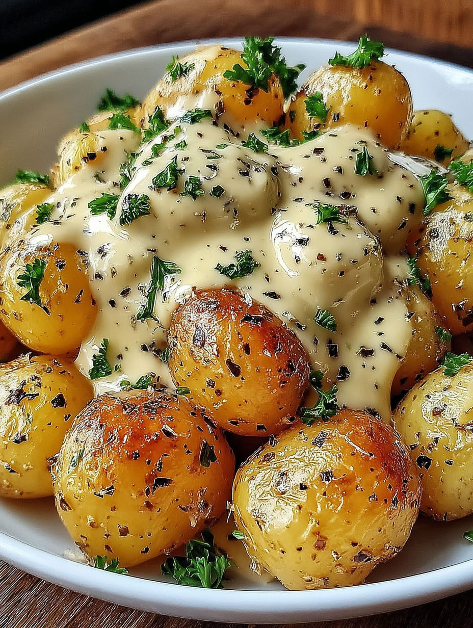 A bowl of baby potatoes with a creamy garlic sauce.