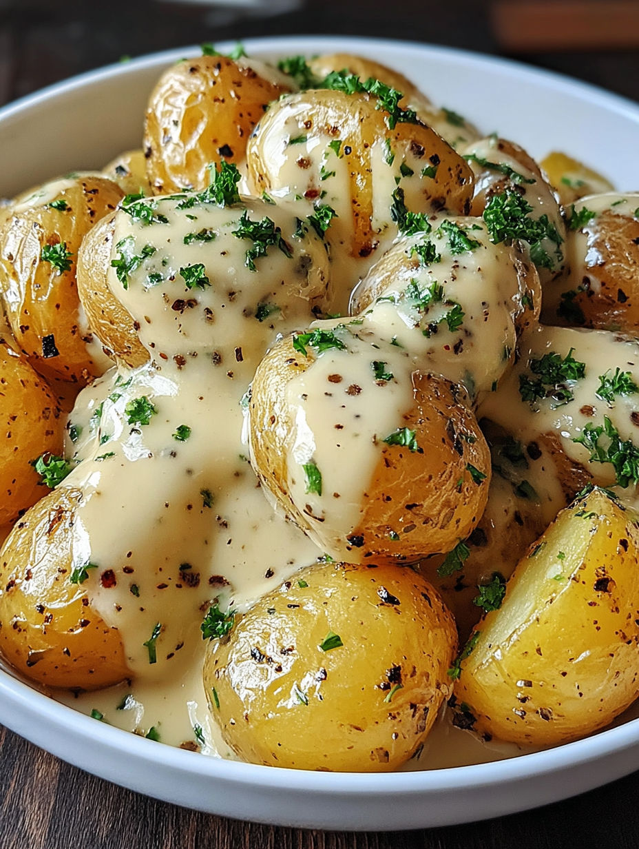 A bowl of baby potatoes with garlic sauce.