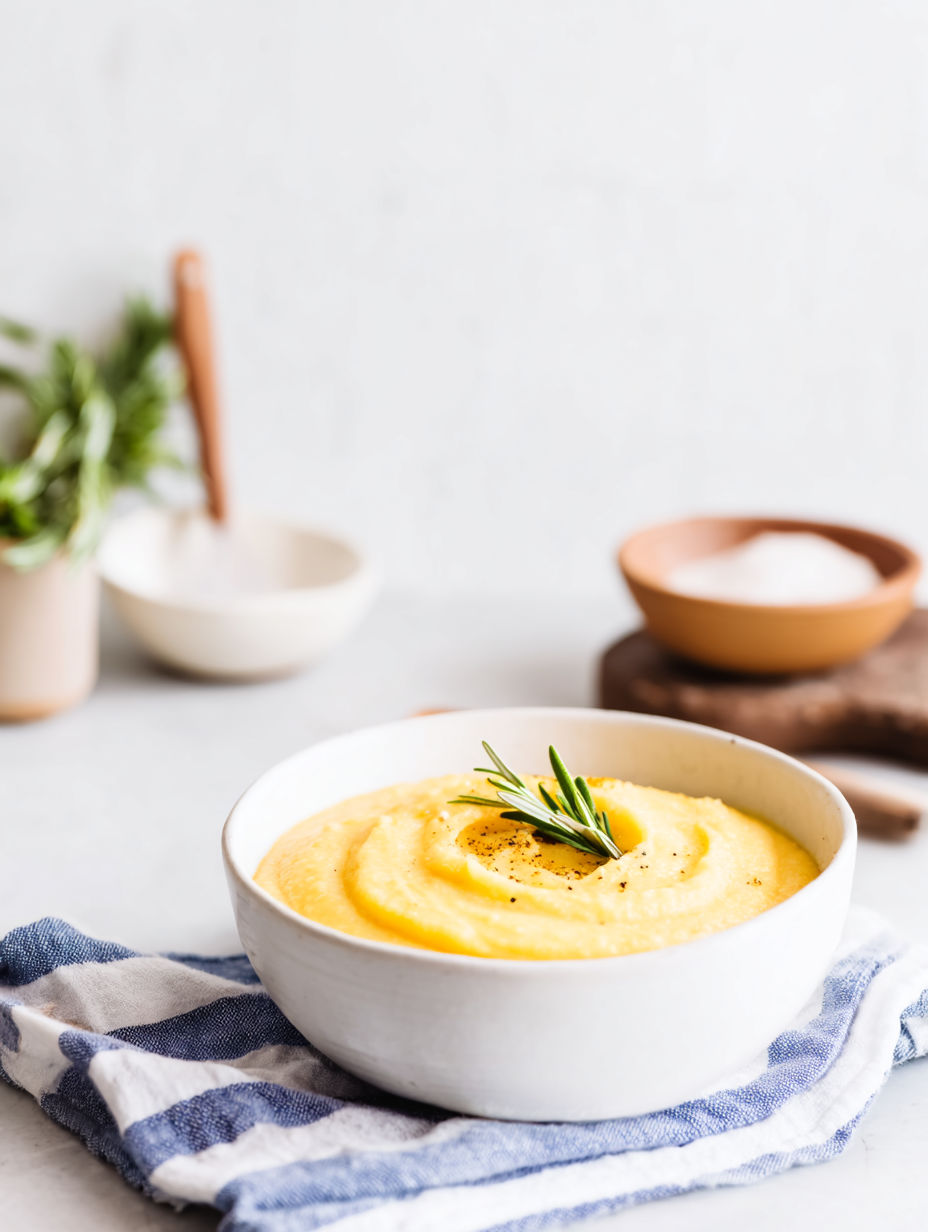 A bowl of creamy polenta with a sprig of rosemary on top.
