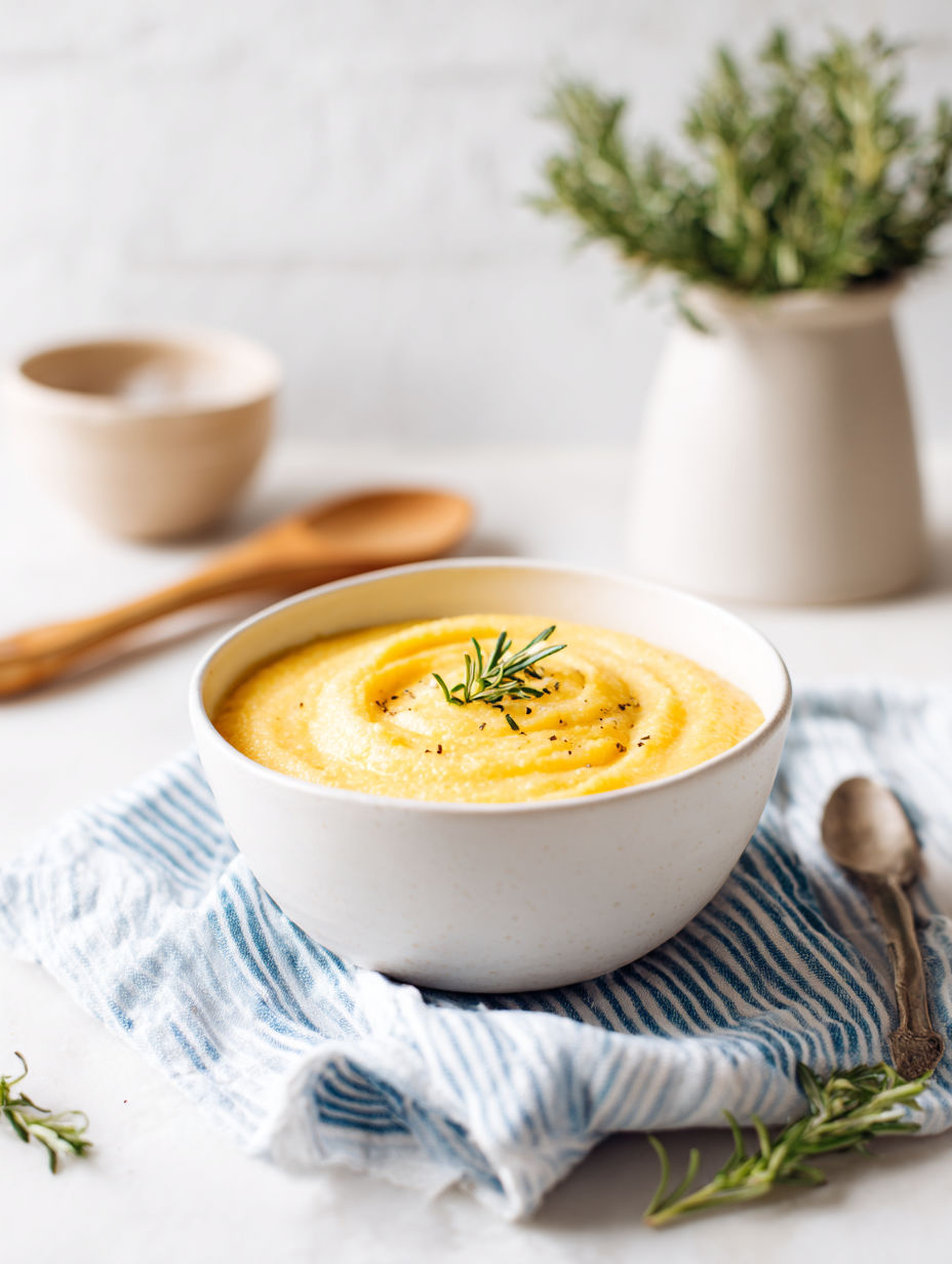 A bowl of creamy polenta with a spoon in it.