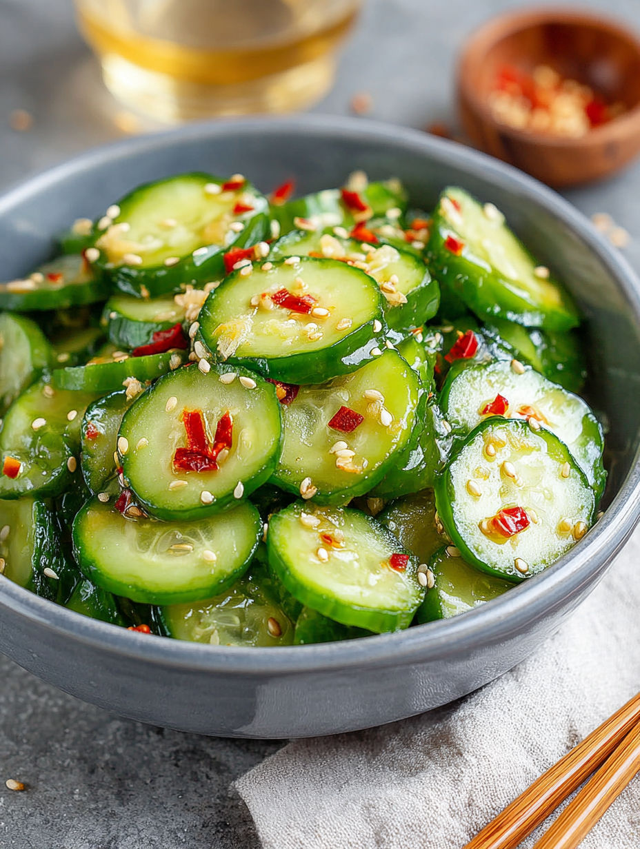 A bowl of cucumber salad with red peppers and sesame seeds.