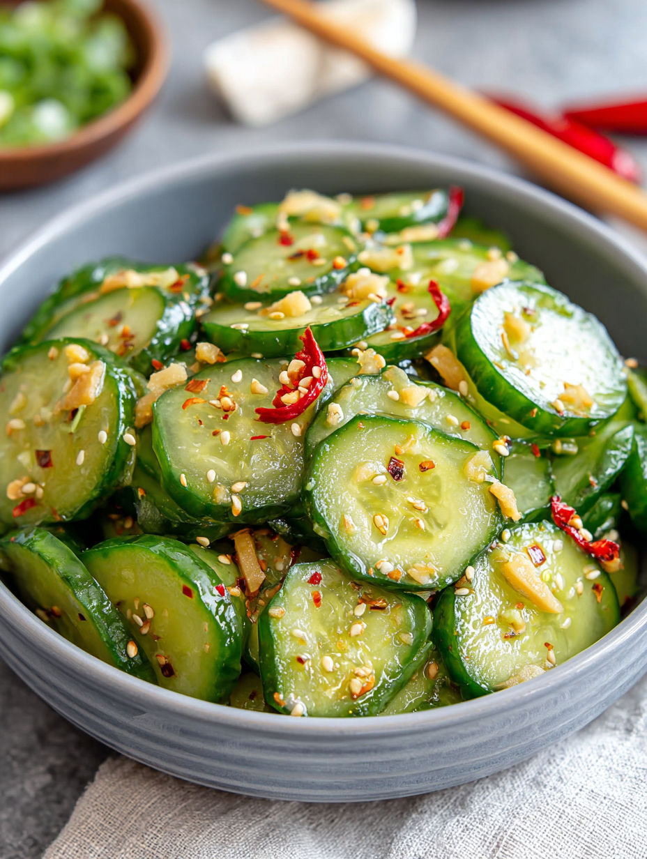A bowl of cucumber salad with sesame seeds.