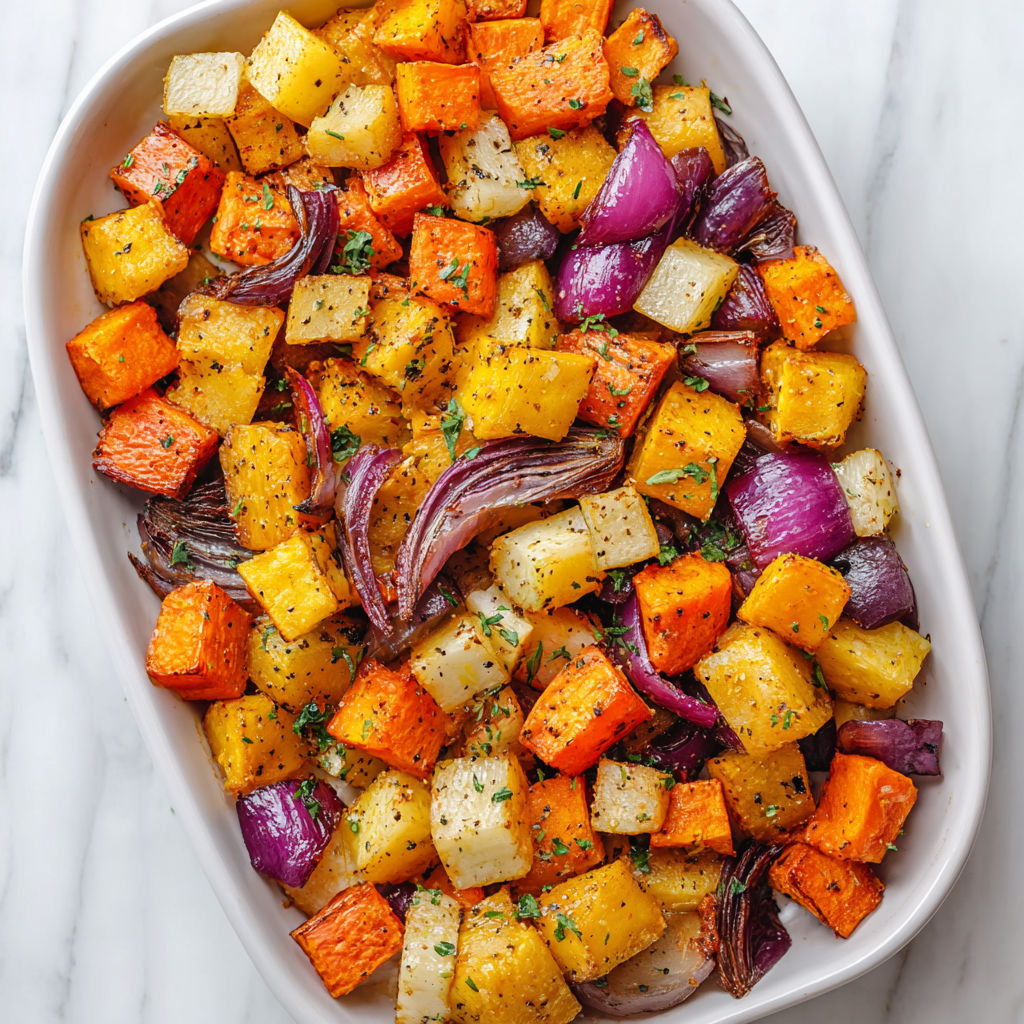 A dish of roasted root vegetables.