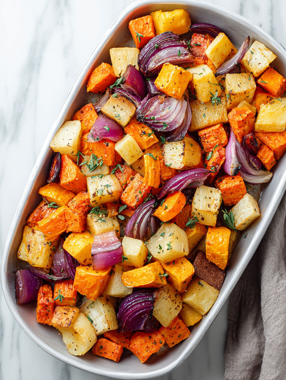 A dish of roasted root vegetables.