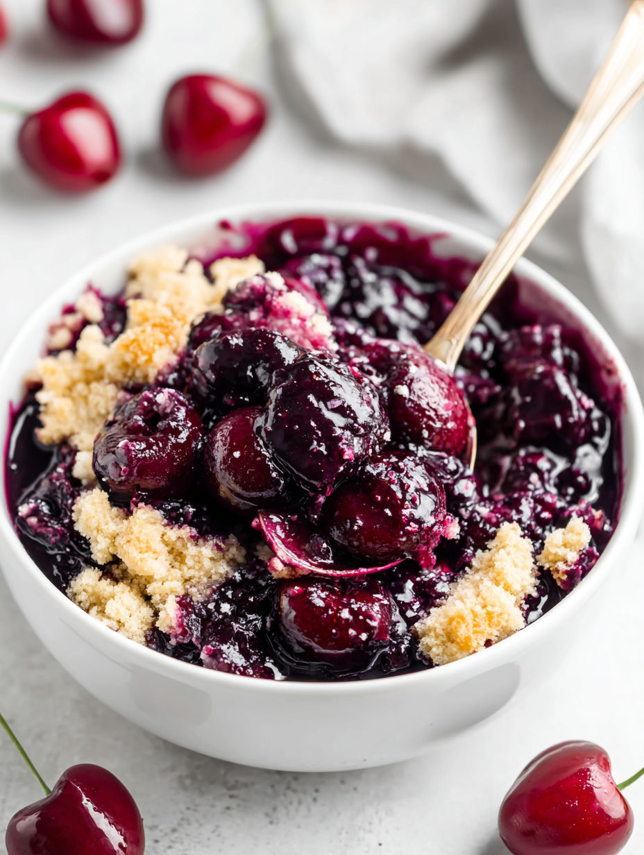 A bowl of cherry dump cake with a spoon in it.