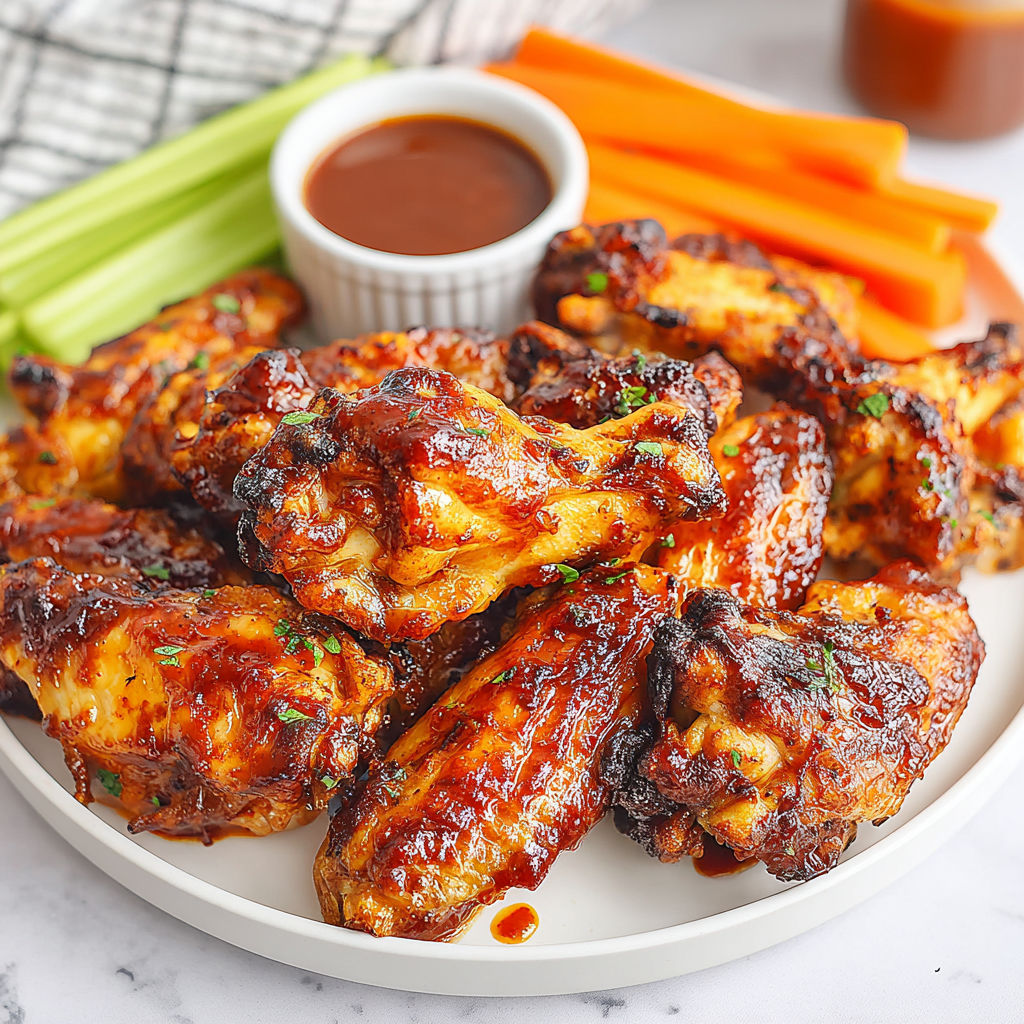 A plate of BBQ chicken wings with carrots and a dipping sauce.