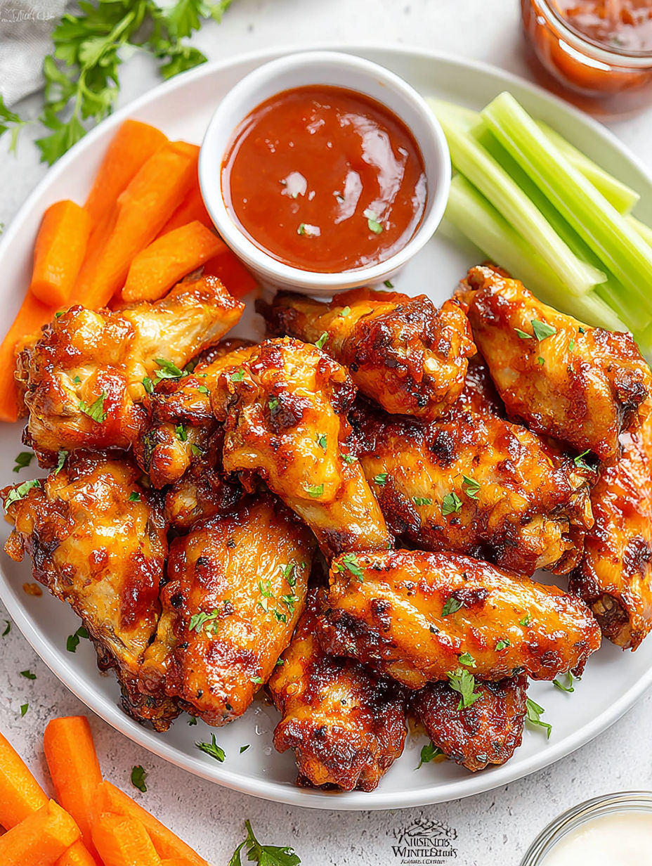 A plate of BBQ chicken wings with carrots and a dipping sauce.