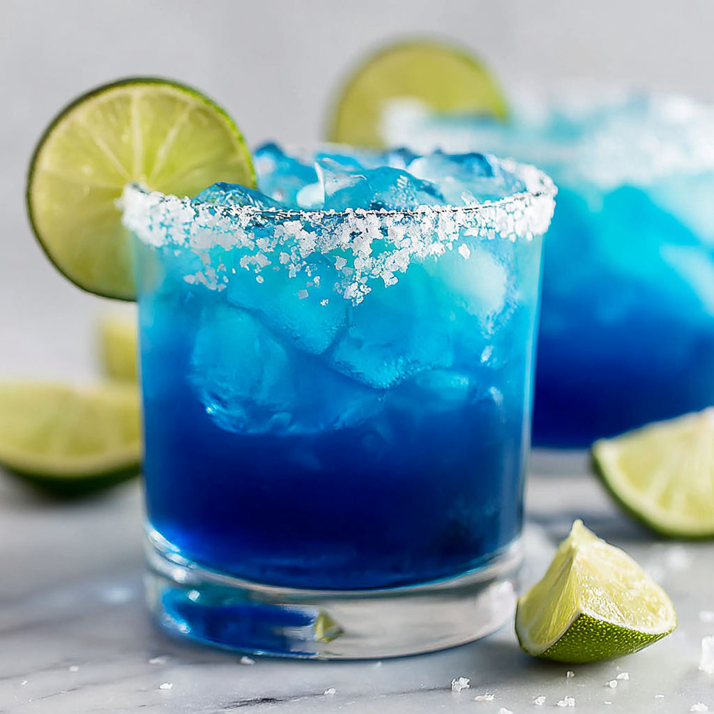 A blue margarita with lime wedges.