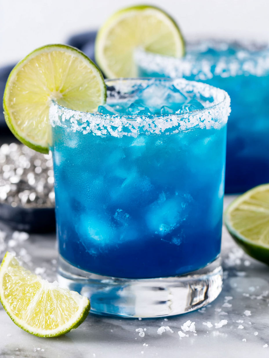A blue margarita with lime slices on the side.