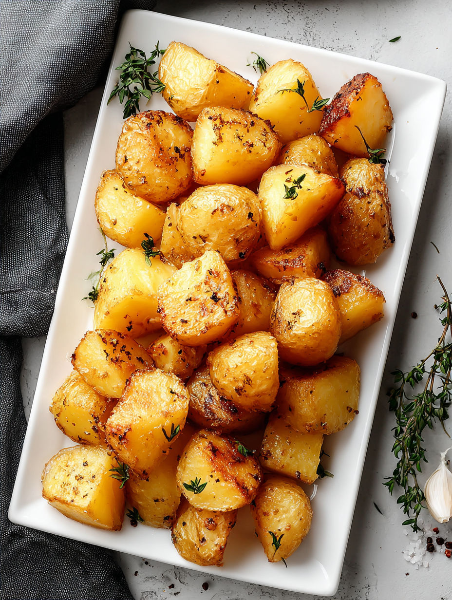 A white plate with a bowl of garlic potatoes.
