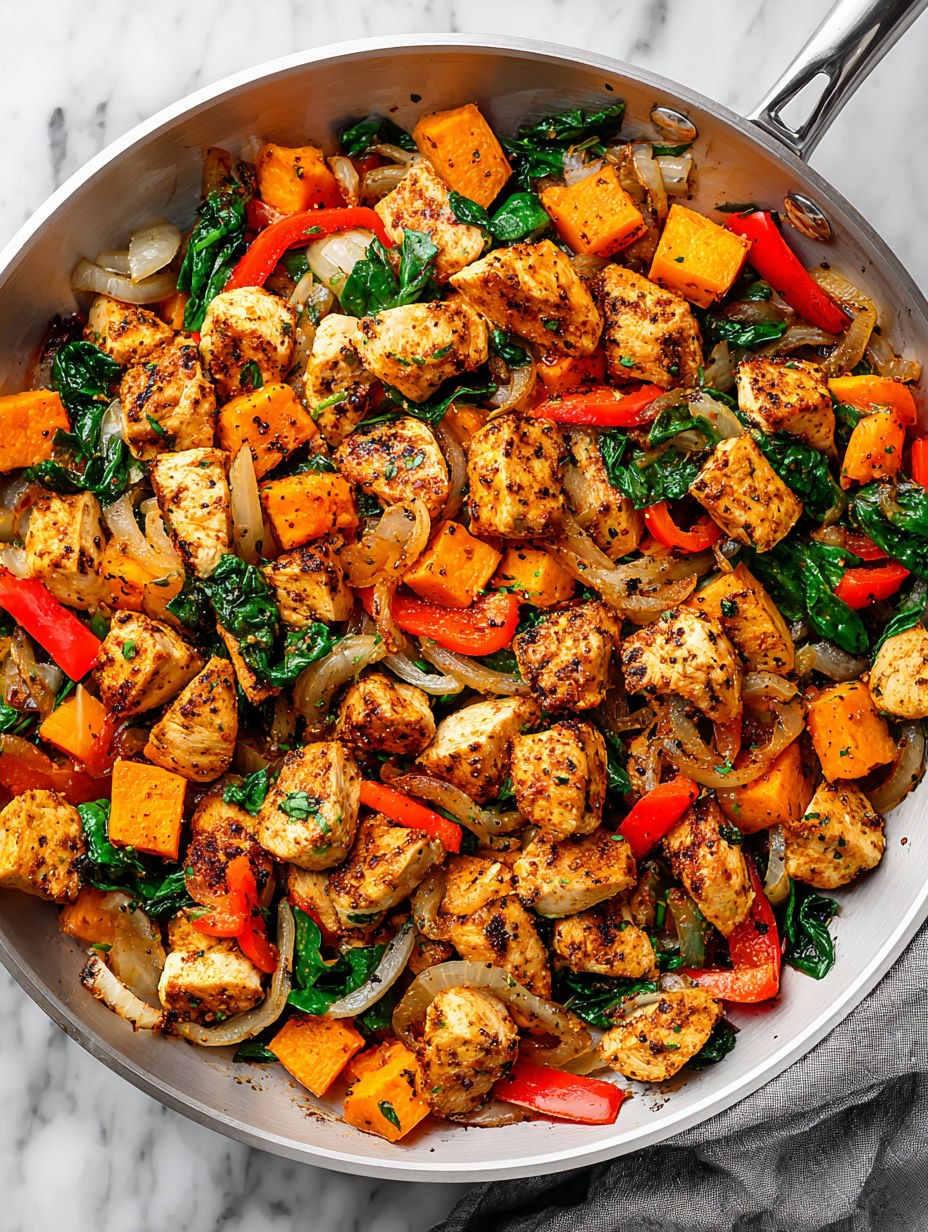 A skillet filled with a sweet potato and chicken hash.