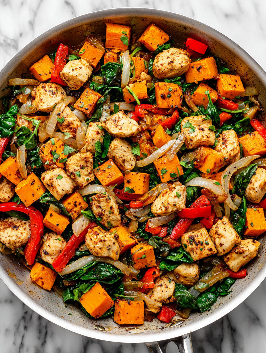 A skillet filled with a sweet potato and chicken hash.