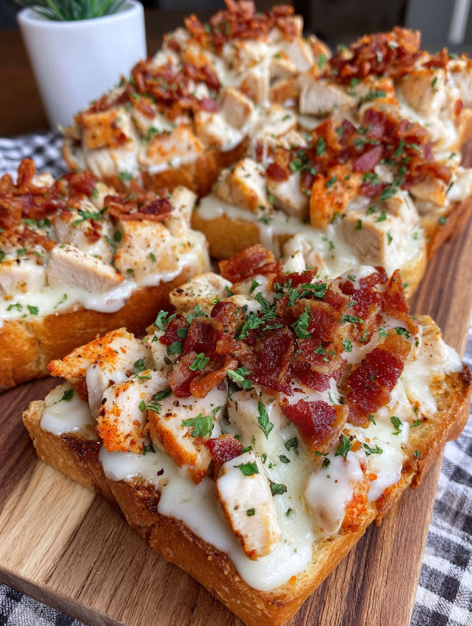 A close up of a piece of bacon and chicken on a piece of bread.
