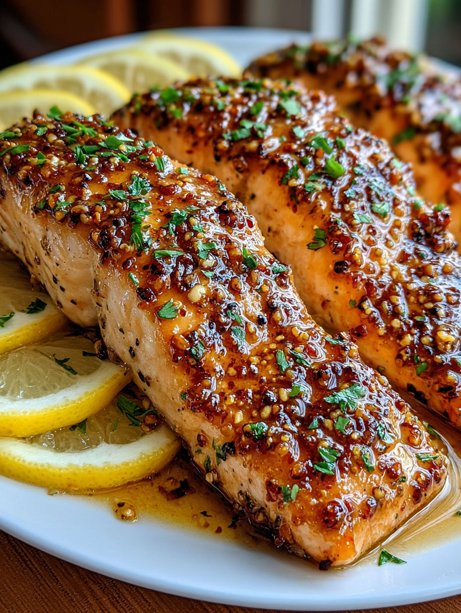 A plate of grilled salmon with honey mustard sauce.