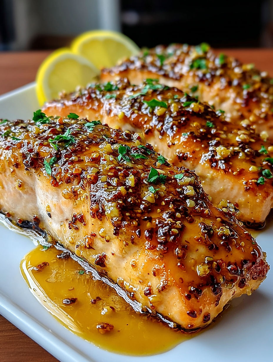 A plate of cooked salmon with honey mustard sauce.