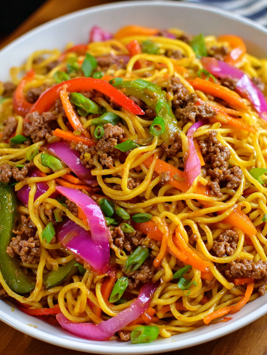 A bowl of savory ground beef lo mein.